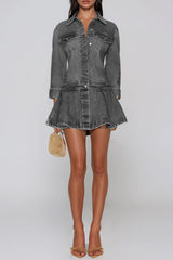 Funs Ruffle Denim Mini Dress In Grey