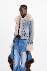 Elaia Faux Fur Embroidered Crop Denim Jacket
