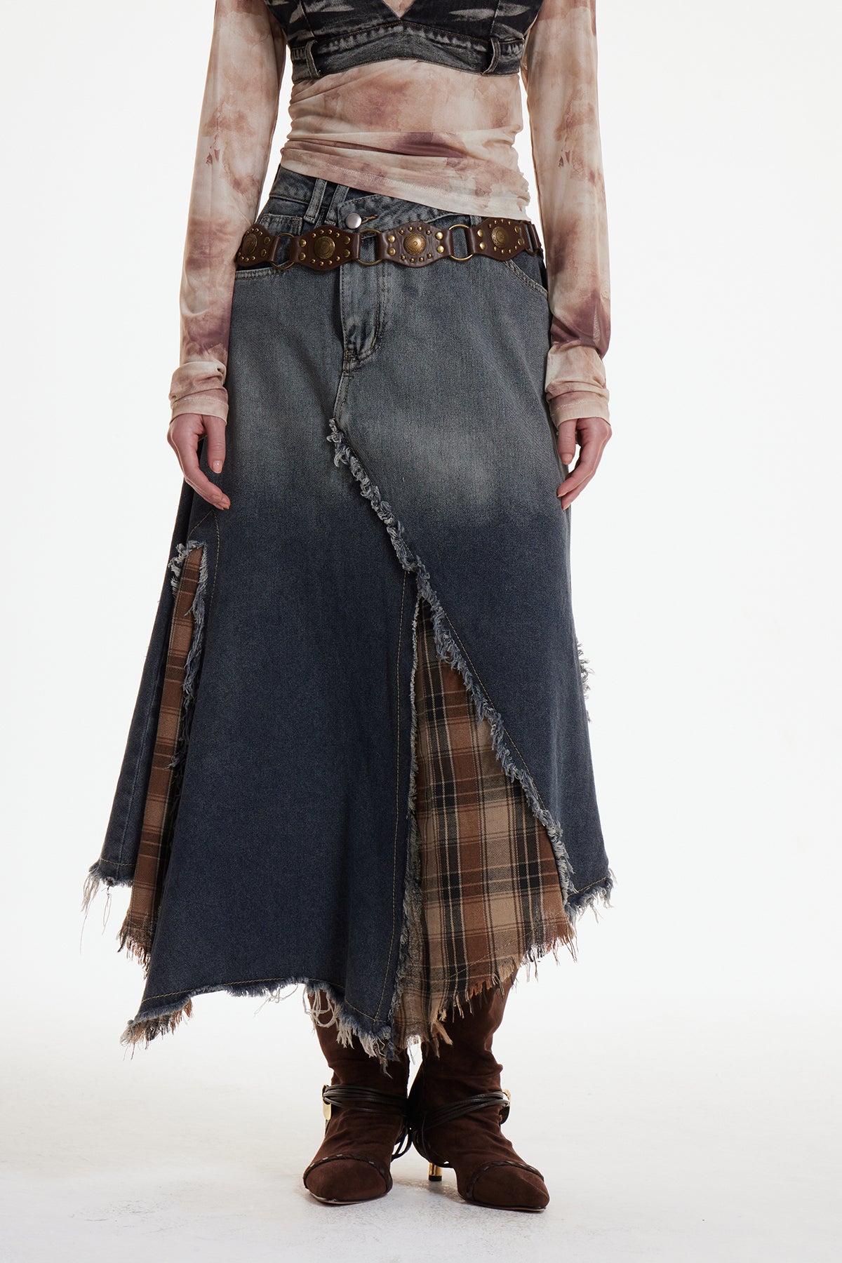 Enitan Asymmetric Fringe Grid Maxi Skirt