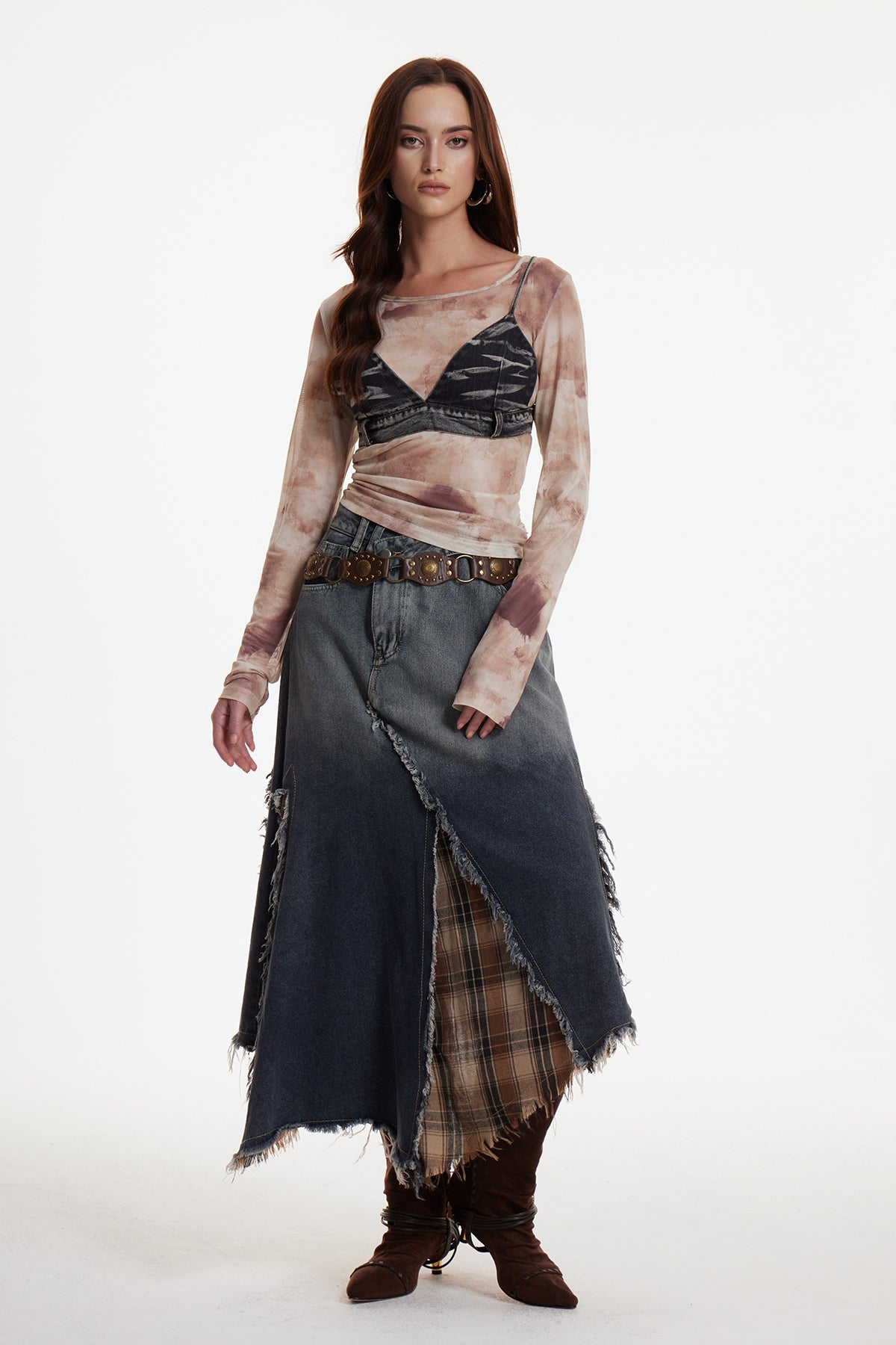 Enitan Asymmetric Fringe Grid Maxi Skirt