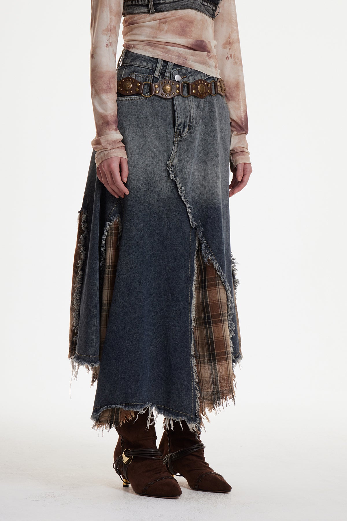 Enitan Asymmetric Fringe Grid Maxi Skirt
