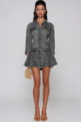 Funs Ruffle Denim Mini Dress In Grey