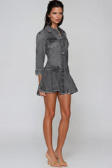 Funs Ruffle Denim Mini Dress In Grey